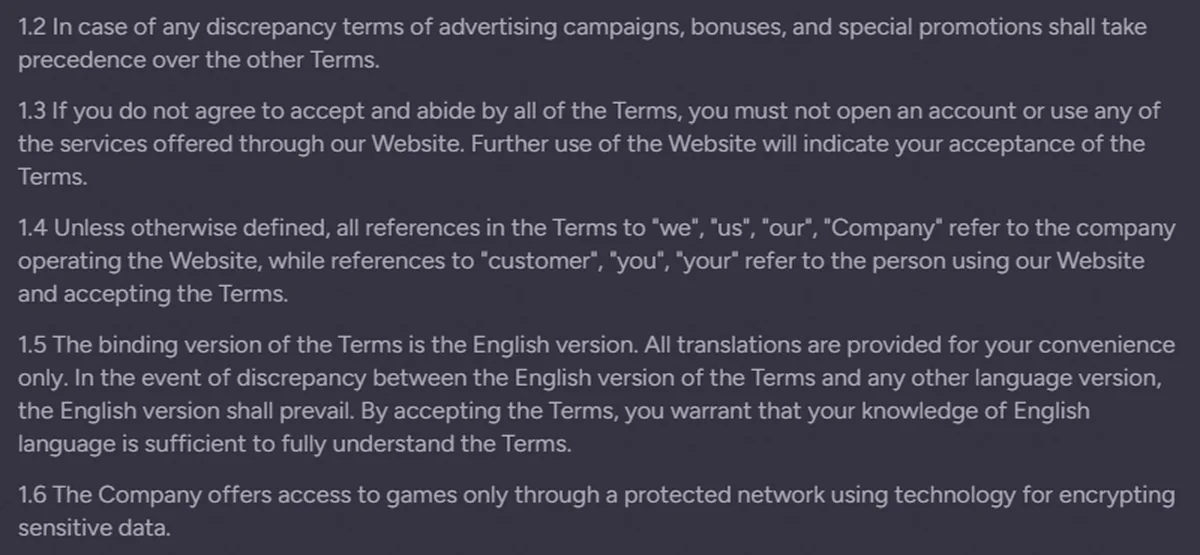 Wintino terms clause 1.4 defining the Company as the company operating the Website with no legal name