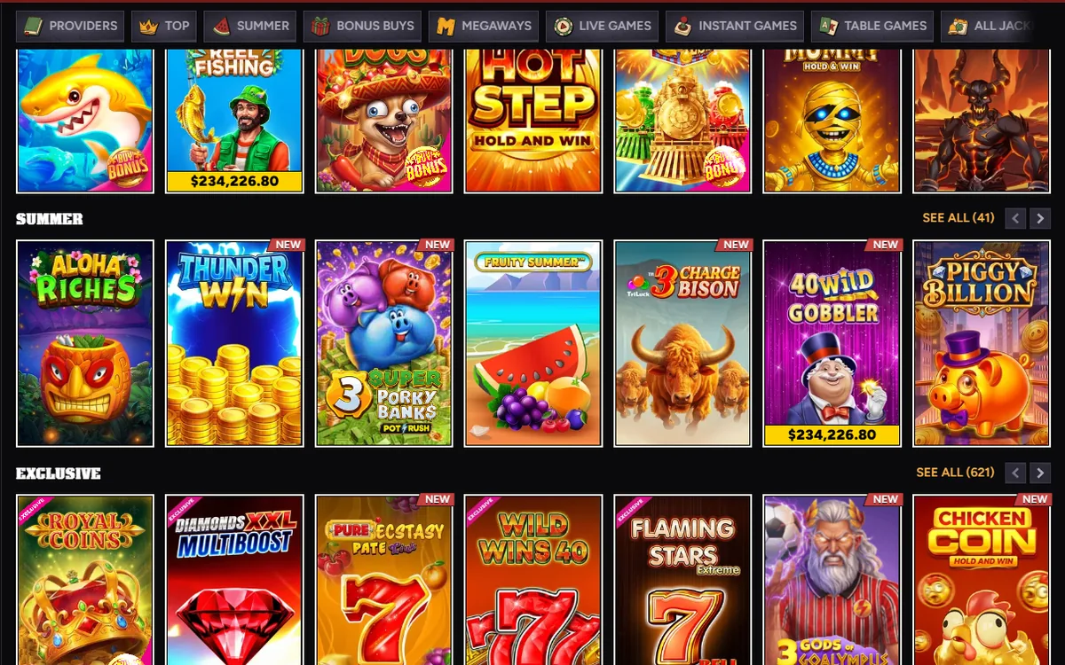 Wintino casino lobby with the slots counter of 8354 games and category rails