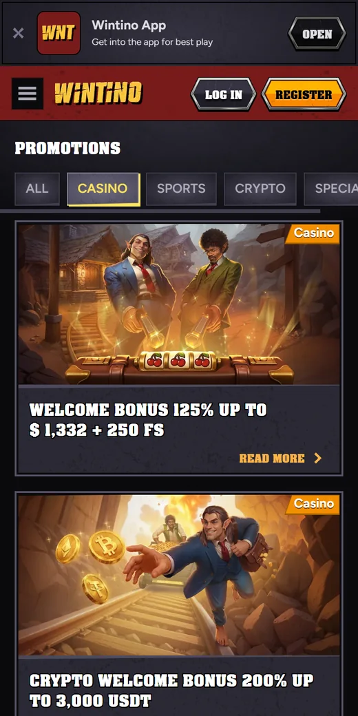 Wintino mobile promotions page with the welcome bonus and crypto welcome bonus cards