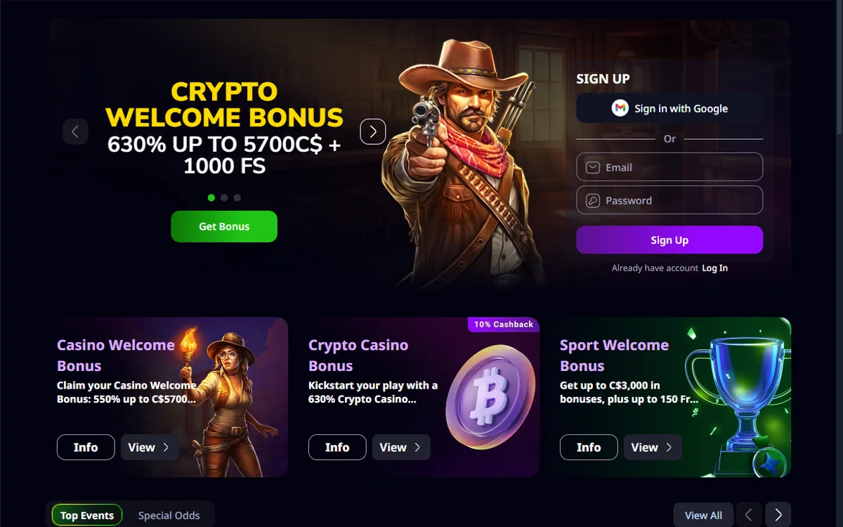Zizobet home hero with the 630 percent crypto banner and the three welcome cards