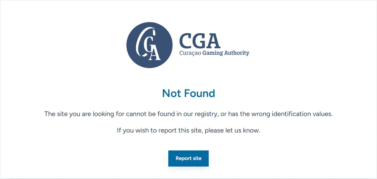 Curacao Gaming Authority registry answering Not Found for the certificate linked from Zizobet's footer
