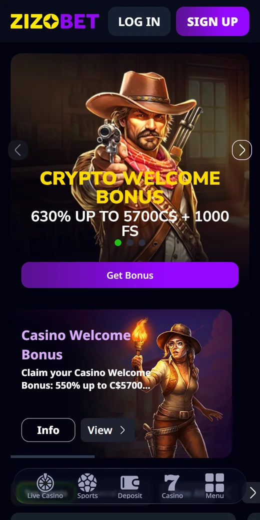 Zizobet mobile home with the 630 percent crypto welcome banner and casino welcome bonus card